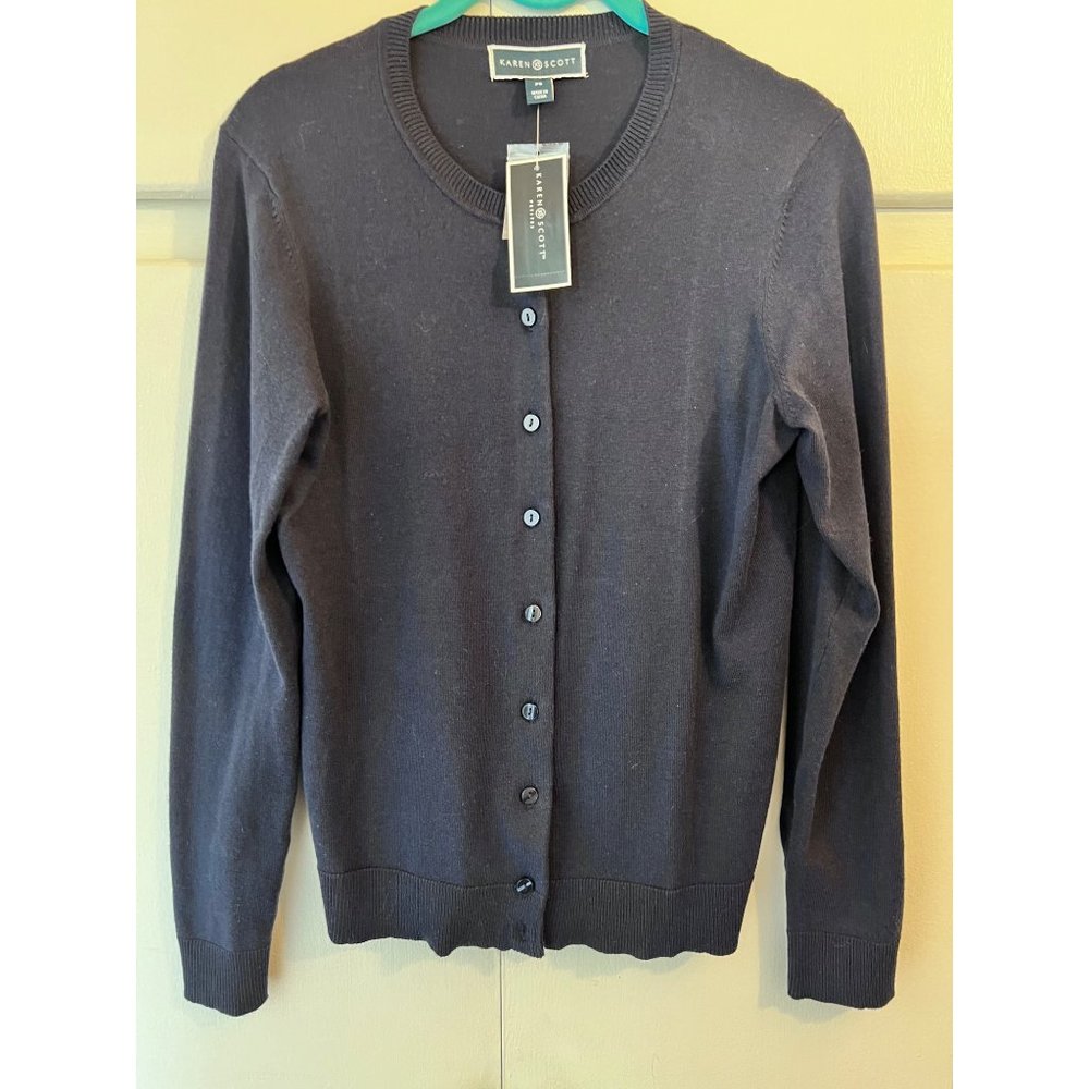 NWT Karen Scott “Jersey Cardi” Navy Blue Cardigan, Petite Small Sweater